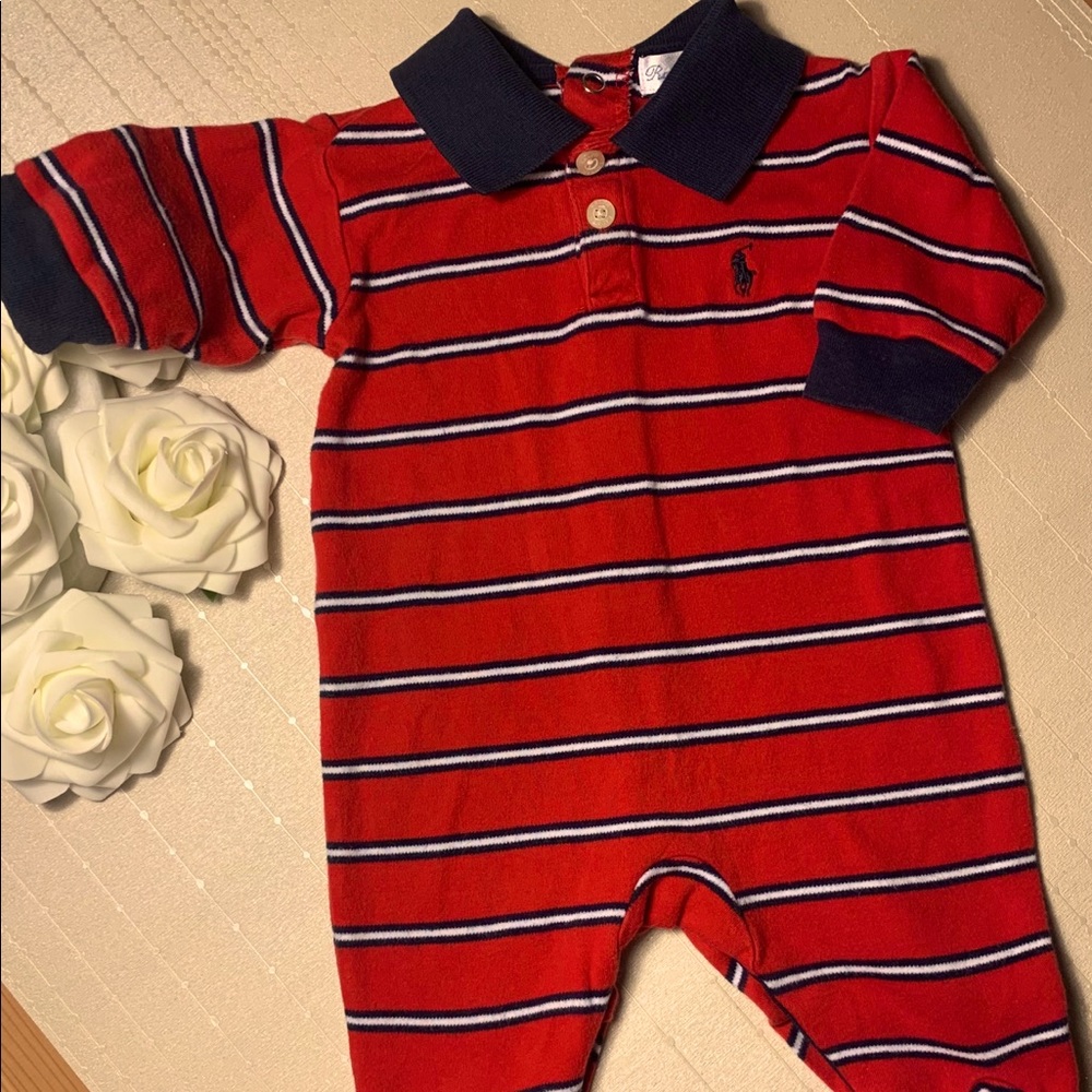 Ralph Lauren Red Striped Polo Footed Coverall 0-3m